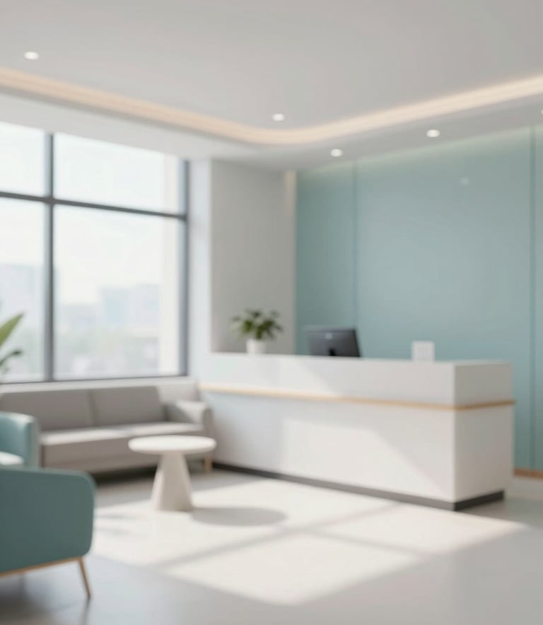 A wide shot of a bright, minimalist reception area of a modern medical clinic. Natural light through large windows, comfortable seating, and walls in #F2F6F8 with subtle #427B9B accents. Professional and serene atmosphere.