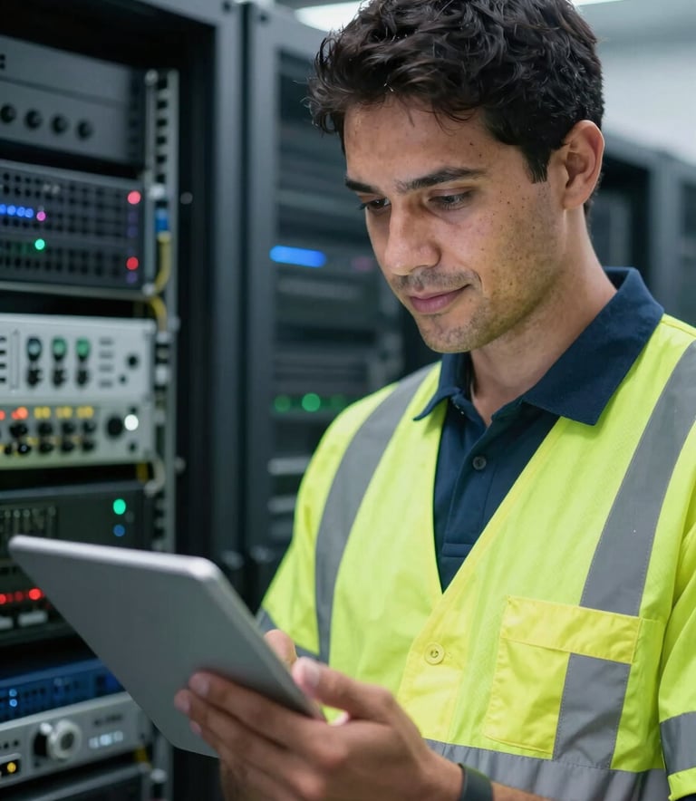 A close-up of a professional technician in a clean, modern data center, wearing high-visibility corporate attire suitable for a South American / Brazilian industrial environment, looking at a tablet with a confident expression, background with soft-focus server racks in dark blue and grey tones.