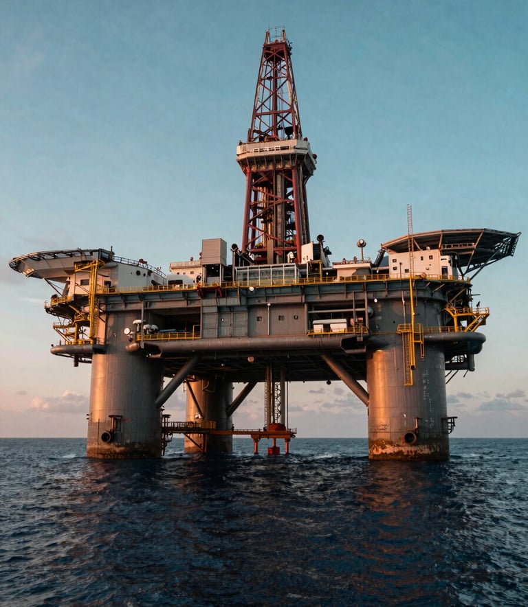 Wide shot of a massive offshore oil rig at sunset, emphasizing complex engineering and energy sector scale, cinematic lighting with teal and dark blue ocean water.