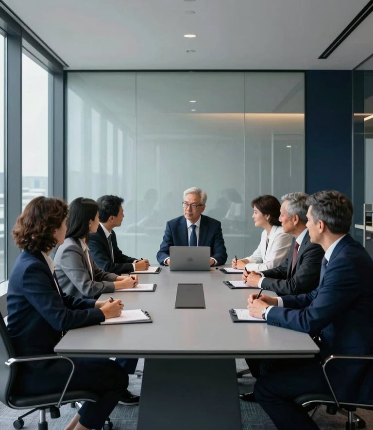 A minimalist, high-end meeting room with glass walls. A group of professionals are engaged in a serious discussion around a pearl grey table. Deep navy accents are visible in the decor, with a soft daylight glow highlighting the professional and vanguard atmosphere.