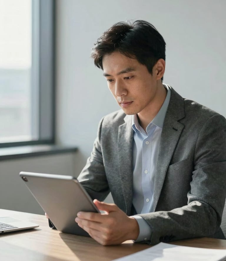 A professional business consultant in a bright office looking at a tablet, soft grey and muted blue office decor, minimalist business style, natural morning light.