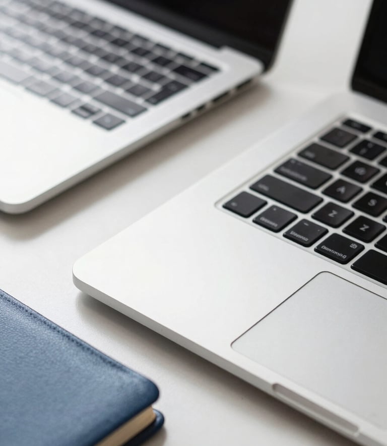 Macro photography of a sleek silver laptop on a white desk with a steel blue notebook nearby, representing digital efficiency and modern workflow.