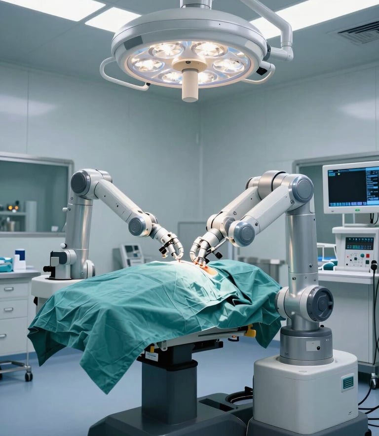 An advanced robotic surgery operating room, clean and sterile environment with futuristic medical technology, cinematic lighting, Global / International Medical Tourism context, dominated by steel gray and teal tones.