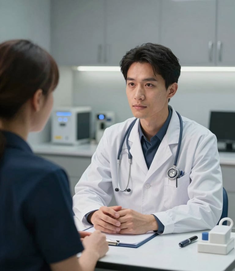 A doctor in a premium clinic having a professional consultation with a patient, modern steel gray and navy blue medical setting, soft lighting, Global / International Medical Tourism style.
