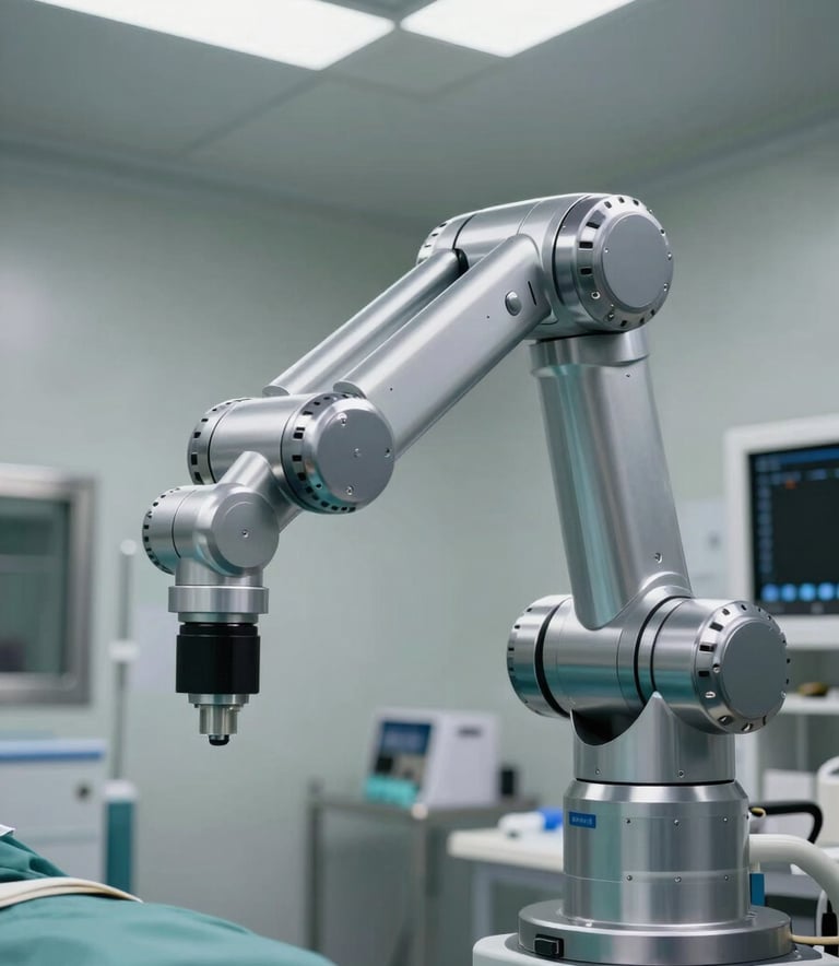 A high-tech robotic surgery arm in a sterile operating room, sophisticated lighting, metallic steel gray surfaces, reflecting a premium medical standard.