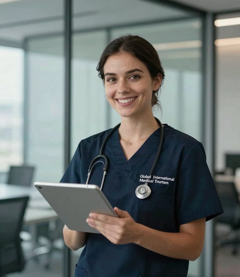 A professional medical coordinator in a modern glass-walled office, offering a reassuring smile while holding a tablet, soft natural lighting, Global / International Medical Tourism, incorporating steel gray and dark navy colors.