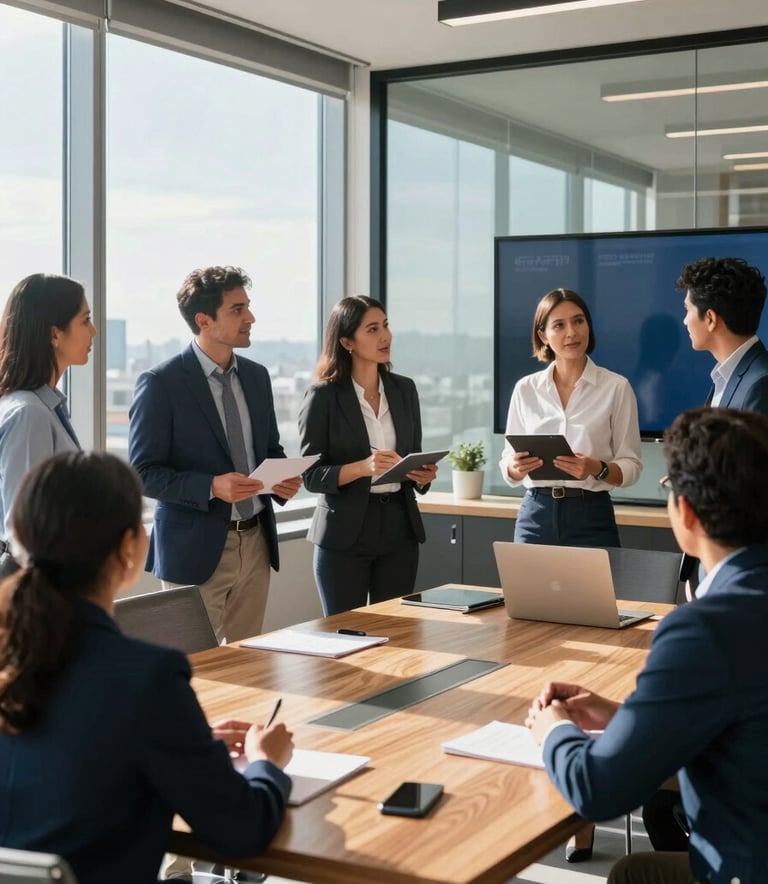 Photography of a diverse group of Latin American professionals in a collaborative meeting. They are standing around a modern wooden table in a bright office with glass walls. Natural sunlight mixed with Sky Blue and Dark Navy branding elements. Wide shot, high-end commercial style.