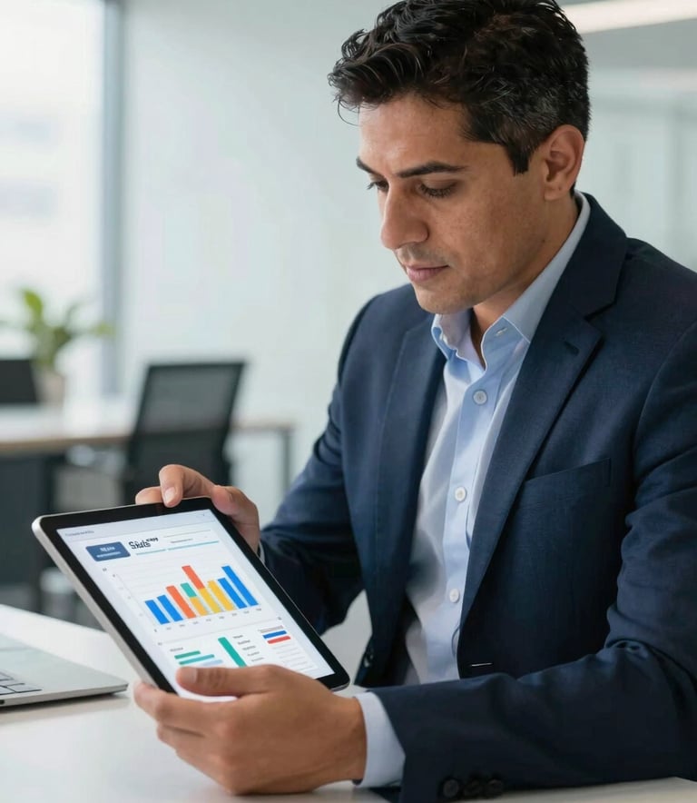 A Latin American business professional reviewing digital sales funnel charts on a tablet in a bright, modern corporate office. The setting is clean and innovative with a palette of dark navy and light blue accents.