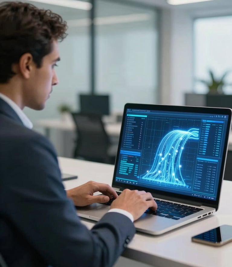 Photography of a modern Latin American office setting. A professional person is looking at a laptop screen where bright light blue data flows are visualized. High-end lighting, clean composition, professional atmosphere. Colors: Steel Blue and Ice Blue accents.