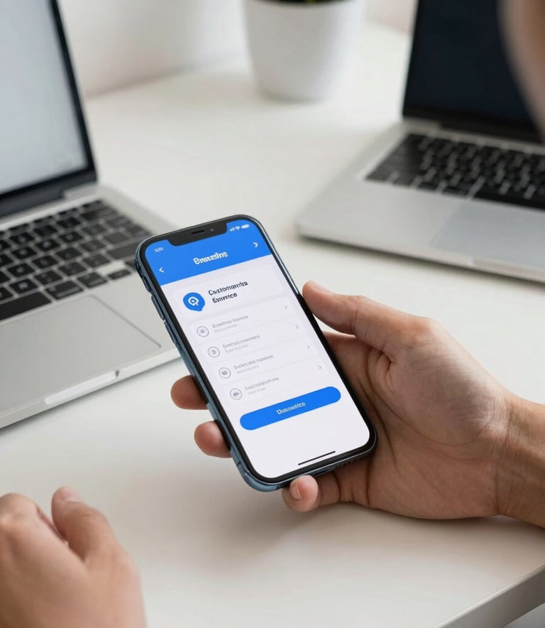 A professional desk setup in a modern Latin American workspace with a smartphone showing automated customer service notifications. The lighting is bright and efficient, using blue and off-white tones.