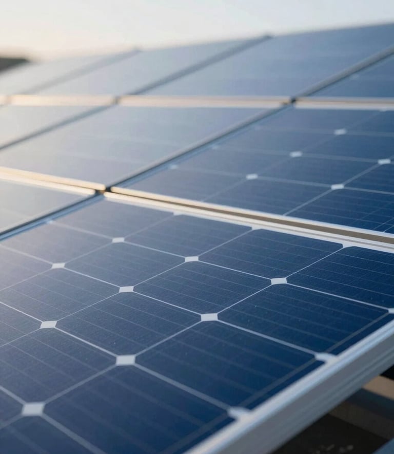 A close-up of high-tech solar panels with clean, geometric lines under a soft, morning light. Minimalist composition with cold blue tones and silver accents, reflecting a premium engineering aesthetic similar to high-end automotive design. Colors involve shades of #34495E and #007BFF.