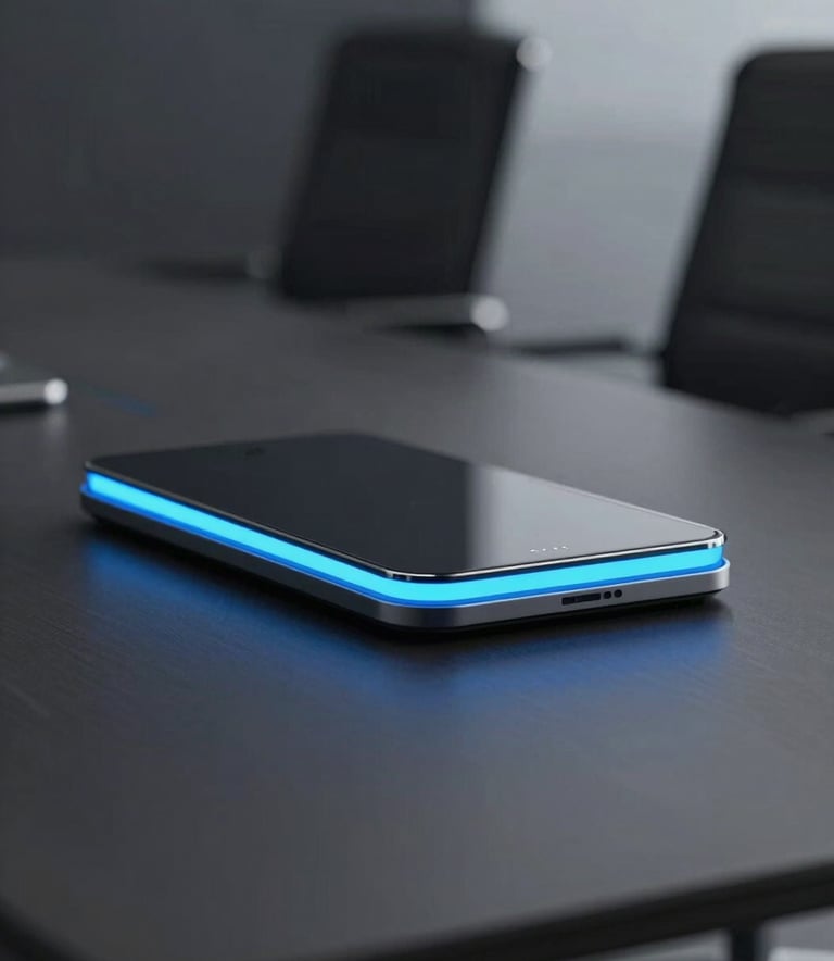 Close-up of a high-tech, minimalist meeting table in a dark premium office. Sleek surfaces, ambient blue #007BFF lighting highlights on the edge of a screen, professional atmosphere inspired by BMW interiors, high-end materials in #1C1C1C.