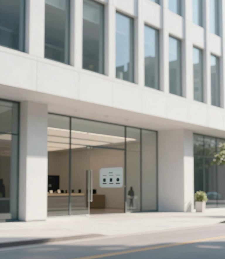 A minimalist, sunlit architectural entrance of a modern corporate headquarters. Clean white walls, glass panels, soft shadows, Apple-store style elegance. Subtle presence of a digital interface on the wall, palette of #F5F5F5 and #34495E.