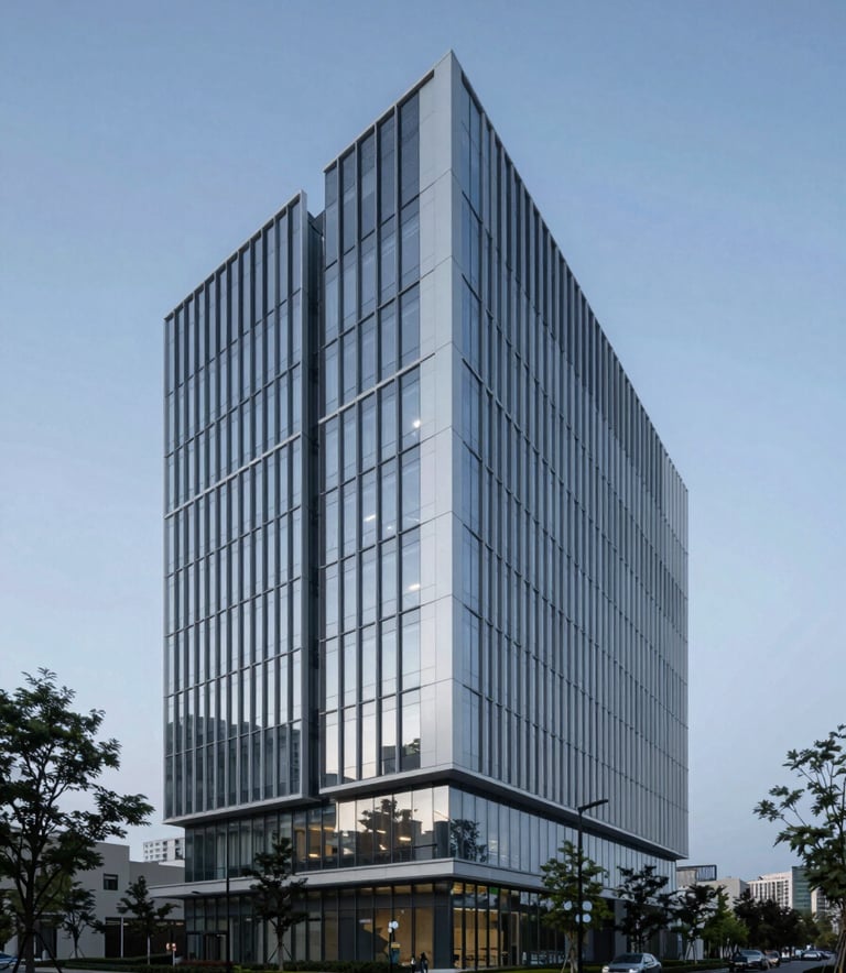 Wide shot of a modern, eco-friendly corporate headquarters with glass walls and minimalist architecture. The sky is a clear twilight blue. The image evokes reliability and premium quality with clean #F5F5F5 surfaces and sharp #1C1C1C shadows.