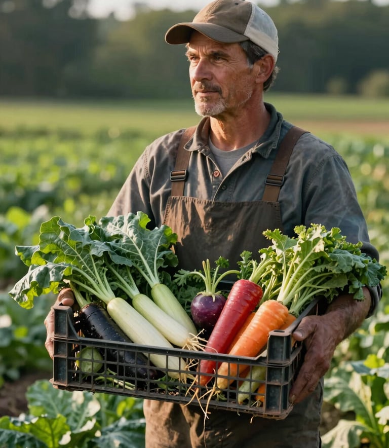 A local farmer in a North American setting holding a crate of vibrant heirloom vegetables, natural morning sunlight, matte forest green fields in the background.