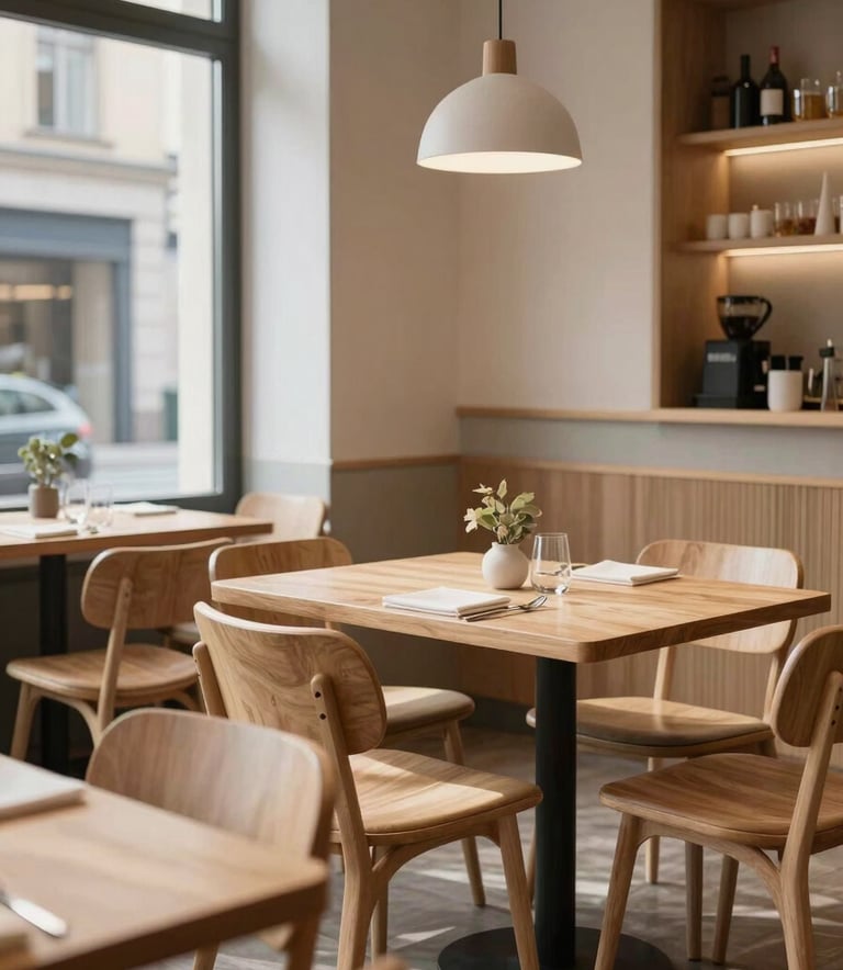 A modern, cozy Scandinavian-style restaurant interior in a Western European city with light wood furniture, minimalist decor, and soft ambient morning lighting.