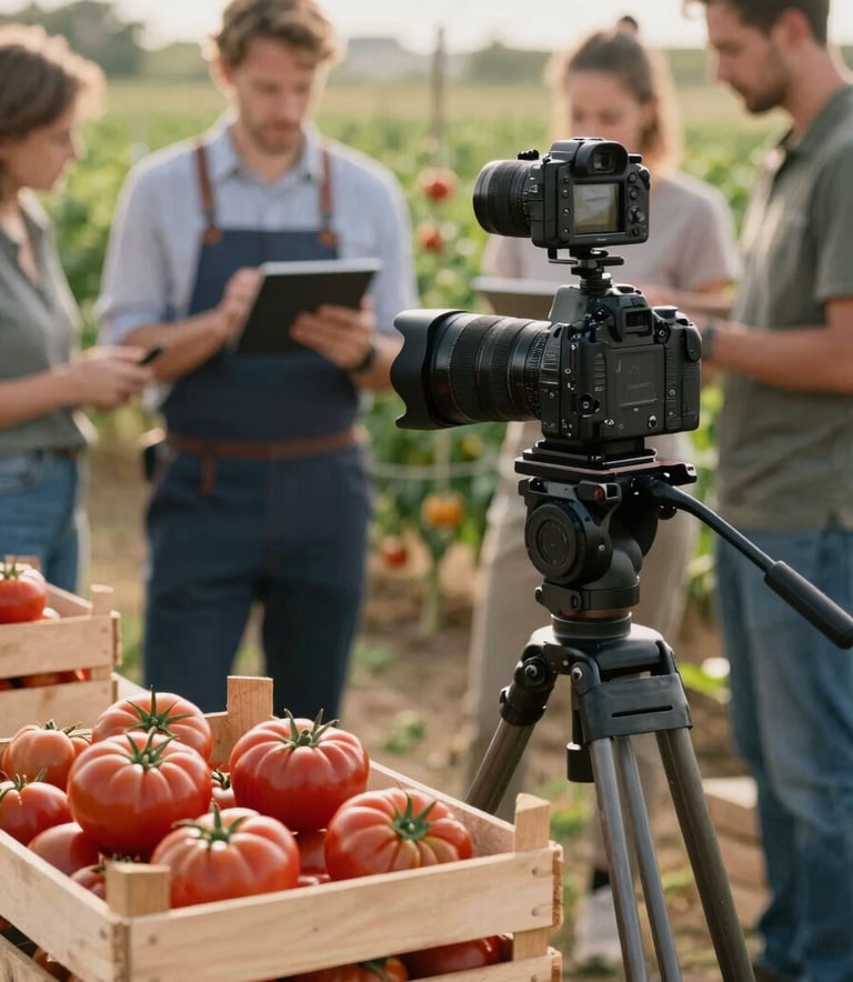 Behind-the-scenes photography in a North American / Western European farm setting. A professional camera on a tripod is focused on a wooden crate of heirloom tomatoes. A team member in professional attire stands blurred in the background, reviewing a content plan on a tablet. Lighting is soft and natural morning sun.