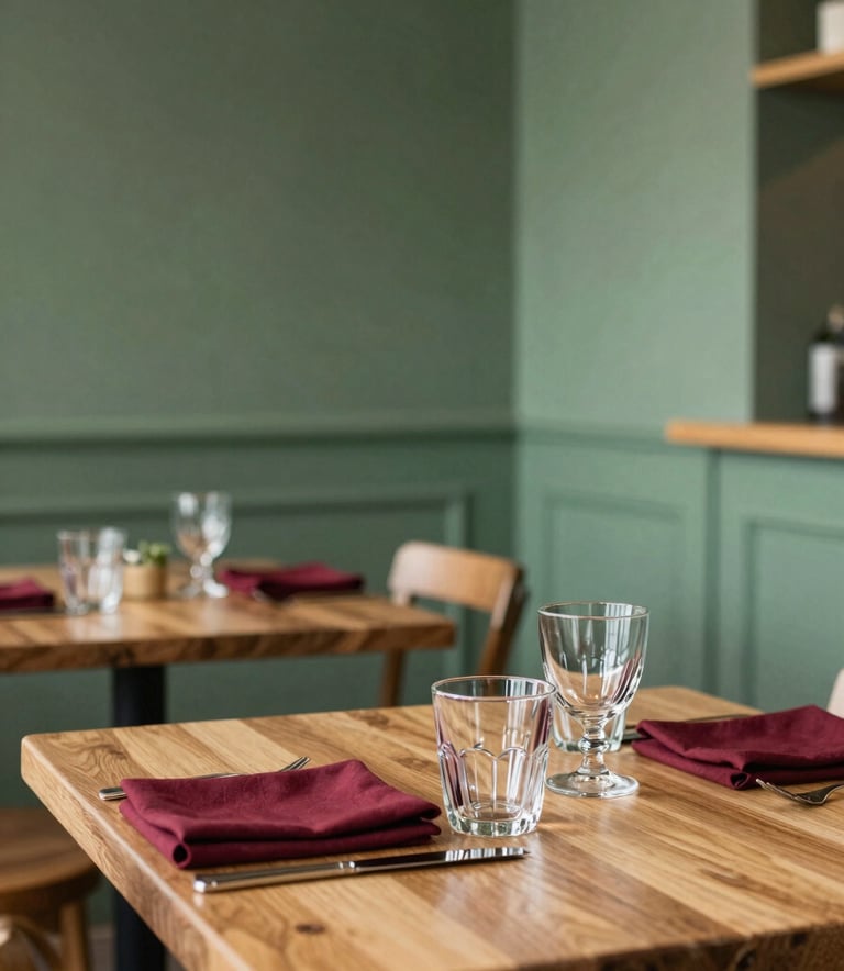 A cozy, Scandinavian-style bistro interior in North American / Western European. Soft daylight illuminates wooden tables and forest green accent walls. Deep crimson napkins and artisanal glassware are meticulously arranged. High-end, inviting photography.