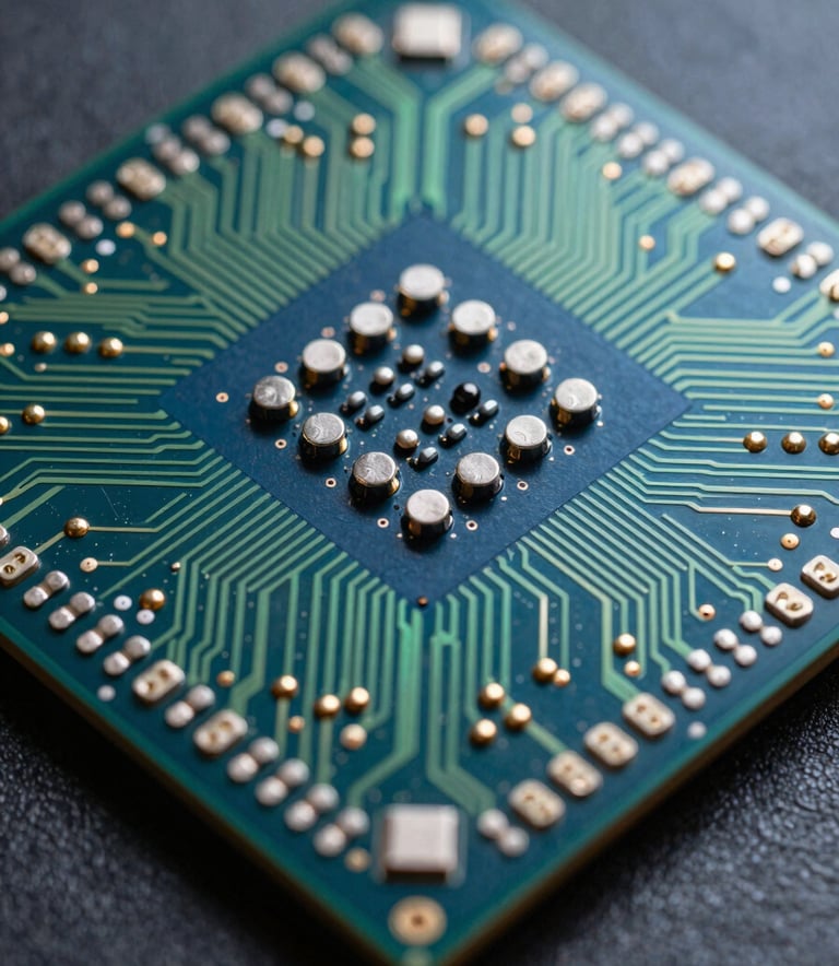 A detailed macro photograph of a high-performance computer processor with intricate circuitry illuminated by dry sage green and navy blue lighting, high-end technical aesthetic.