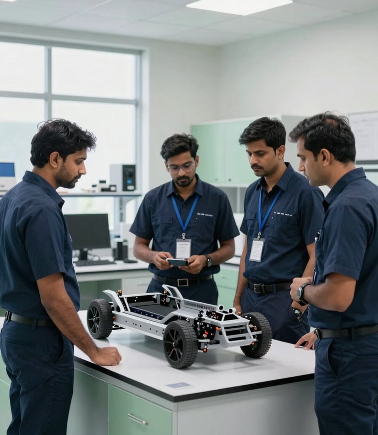 A minimalist, high-end engineering laboratory in Pune, South Asian professional engineers in smart navy attire collaborate around a high-tech 3D render of an autonomous vehicle chassis. The room is flooded with natural light and features clean lines and sage green accents.