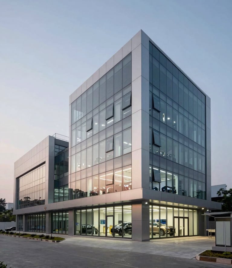 A professional photograph of a modern automotive R&D center in Pune, South Asian / Indian architecture, clean industrial glass and steel exterior, twilight lighting.