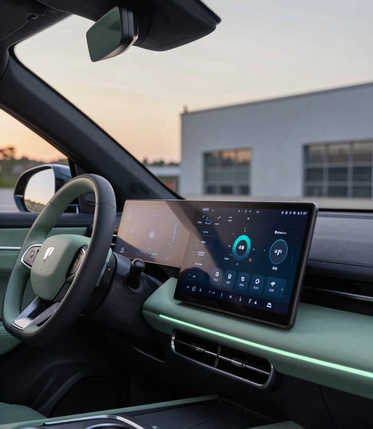A side-profile close-up of a sleek, modern vehicle dashboard in a South Asian setting, featuring a sophisticated interface with sage green ambient lighting. The background through the window shows a clean, industrial environment at sunset, conveying a sense of precision and technical leadership.