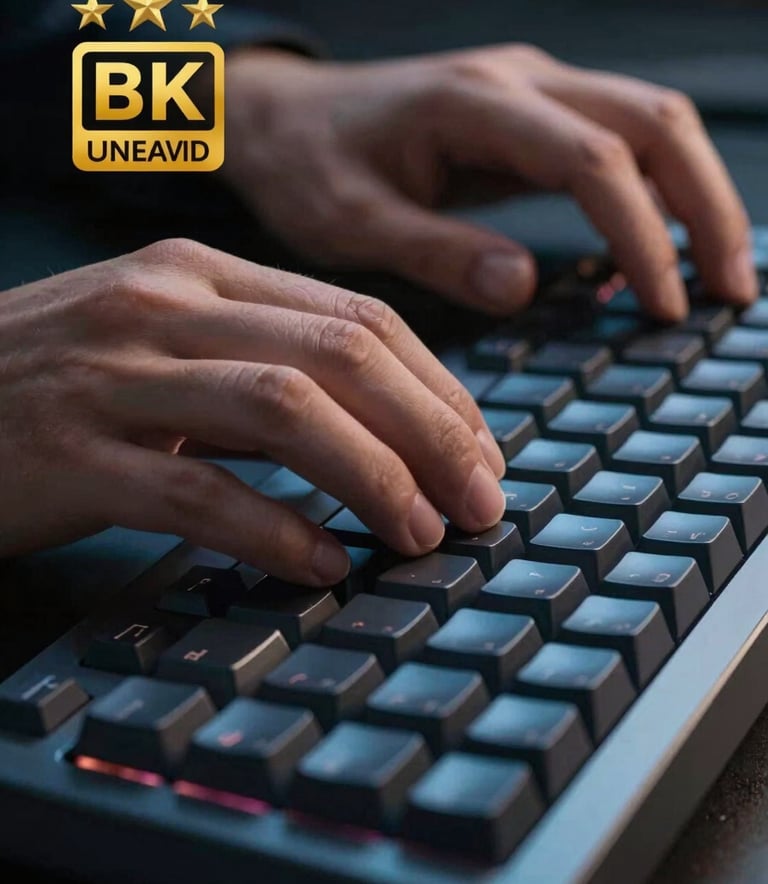 Close-up of a professional software developer's hands working on a high-end mechanical keyboard. The lighting is moody and sophisticated, with soft blue and muted ocean blue light reflecting off the keys. The style is modern and professional.