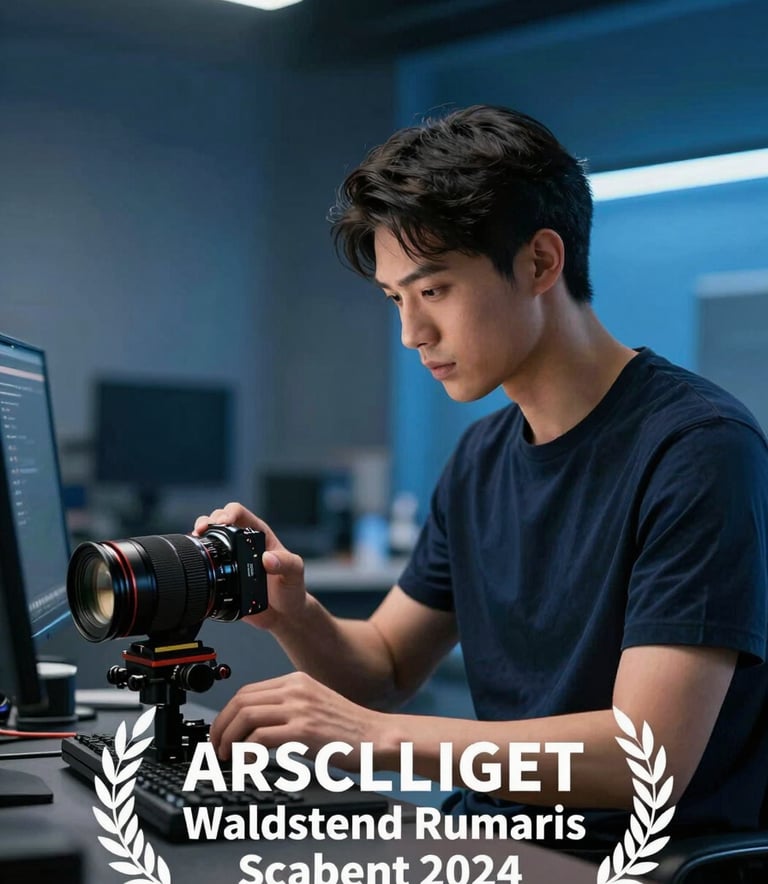 A professional developer in a modern studio environment, focusing on a task with sophisticated lighting and a palette of dark navy and steel blue.