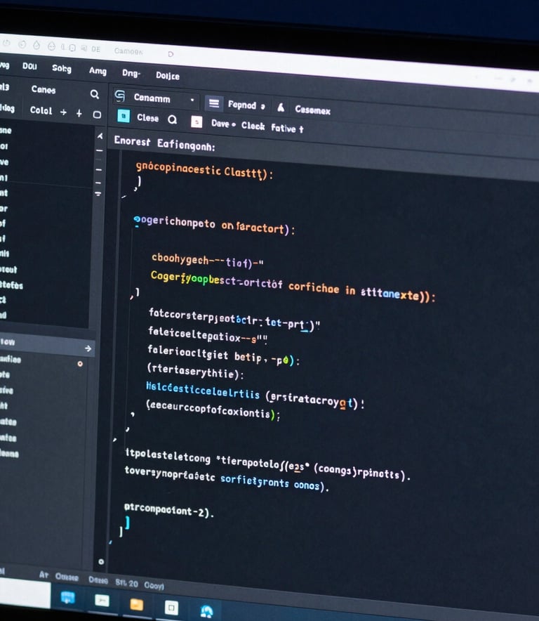 A close-up photography of a computer screen displaying clean, organized lines of code in a dark mode editor, with soft dusty blue light reflecting off the monitor edge in a dark navy room.
