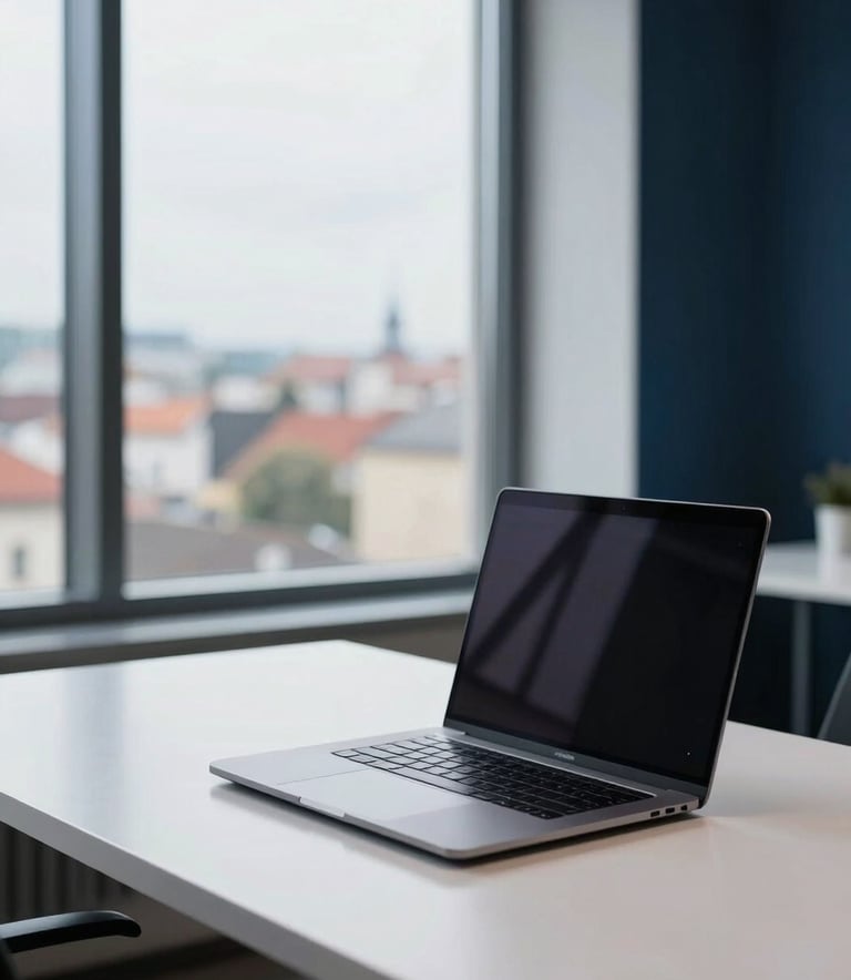 A clean, minimalist workspace in Brno, Czechia. A sleek laptop sits on a polished white desk. In the background, a large window reveals a soft-focus view of the city. The room features subtle steel blue and dark navy accents, captured in professional, sharp-focus photography.
