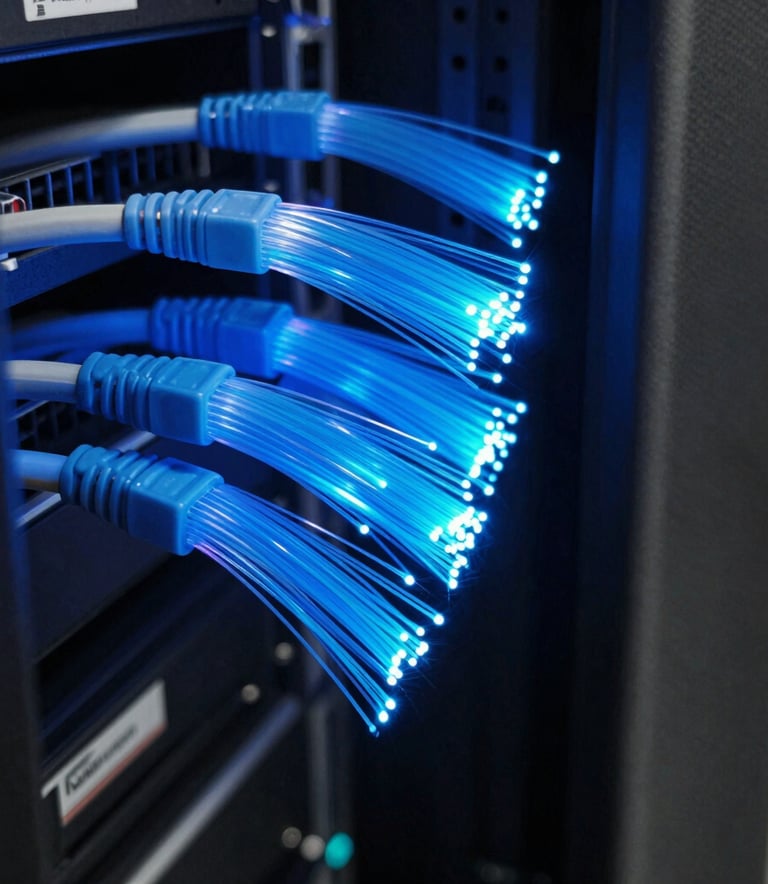 A close-up of vibrant blue fiber optic cables glowing in a dark, high-tech server room in a North American data center, emphasizing speed and modern connectivity.