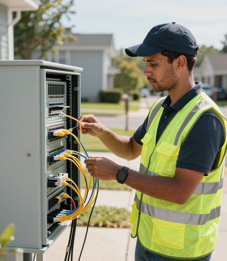 A professional network technician in a high-visibility vest working on a fiber optic terminal box in a suburban North American neighborhood, bright daylight, professional and trustworthy atmosphere.