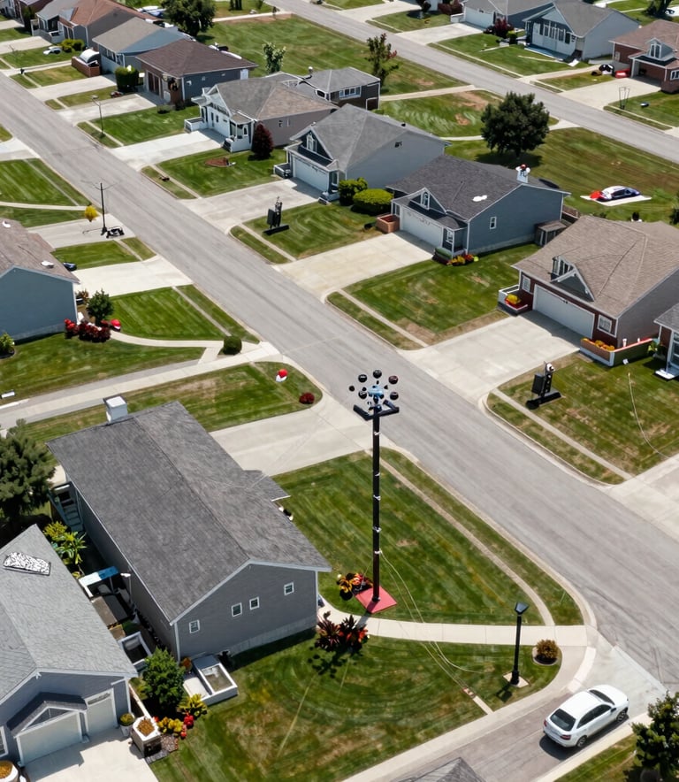 A high-altitude aerial photograph of a clean, modern North American suburban neighborhood with fiber optic infrastructure being installed, bright daylight, sharp focus on residential streets and green spaces.