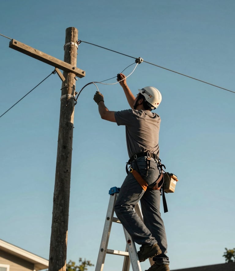 A low-angle shot of a utility worker on a ladder inspecting fiber optic lines against a clear blue sky in a North American suburban setting.