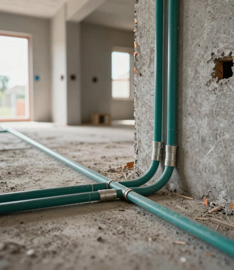A professional South American / Brazilian residential construction site showing a clean and safe environment, focusing on the newly installed electrical conduits and wiring, soft natural lighting, modern architectural style, teal and gray color palette.