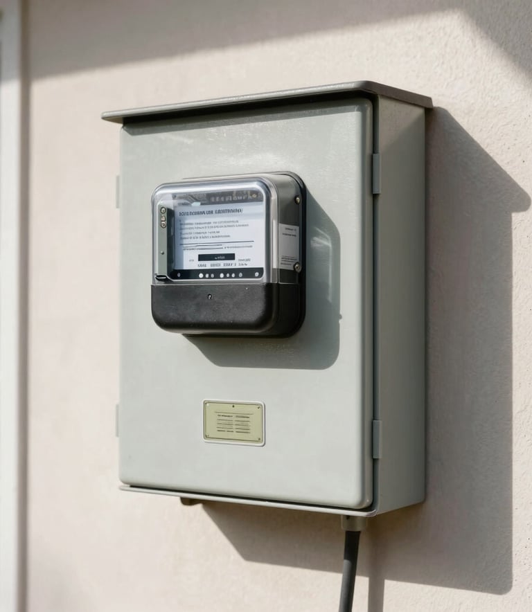 A professional shot of a standard electrical meter box (Padrão de Entrada) on the exterior wall of a South American / Brazilian home, sunny day, sharp focus on technical details.