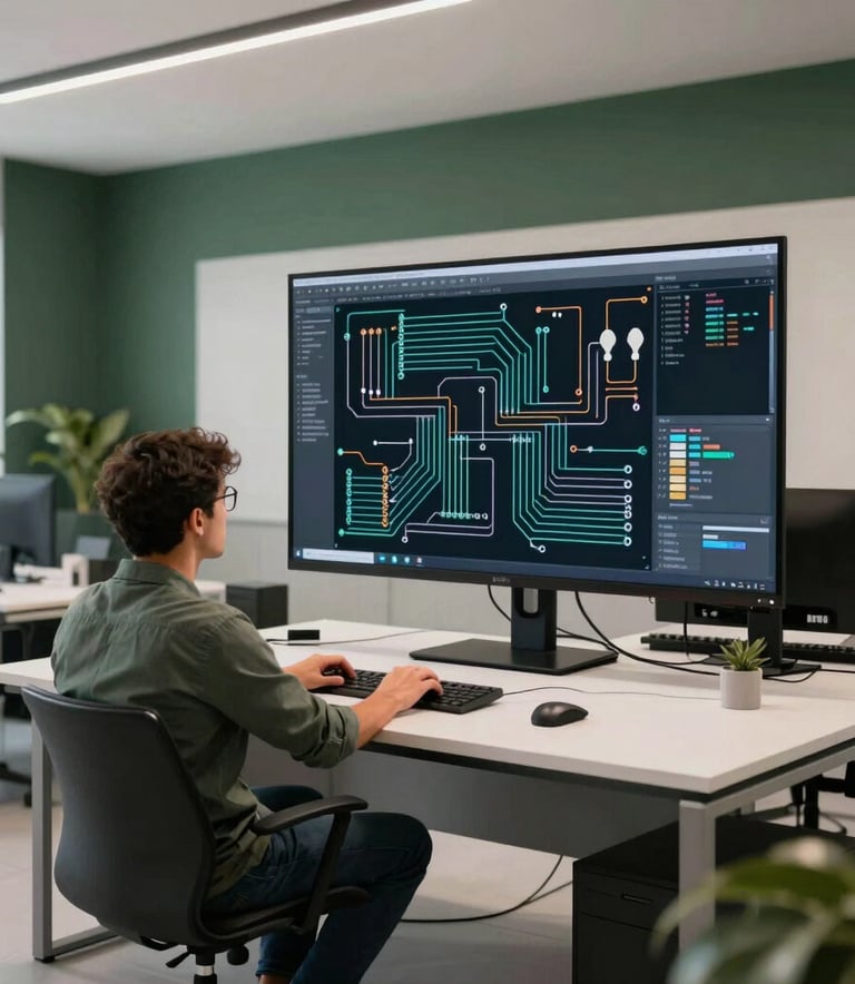 A wide-angle shot of a South American / Brazilian electrical designer in a professional office, working on a large screen displaying complex circuit layouts, modern minimalist decor with dark green and white accents, bright soft lighting.