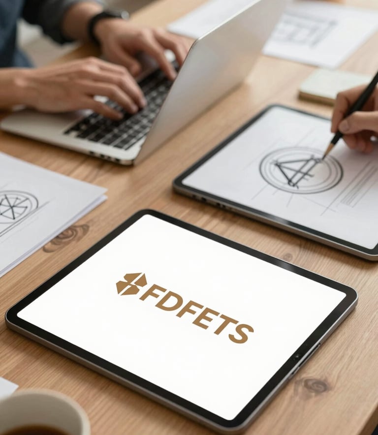 A creative brainstorming session featuring digital tablets, sketches of logos, and professional marketing tools. The palette is dominated by #FDF8ED and #D27E3B, creating a warm, energetic atmosphere of professional creation.