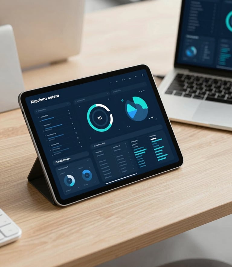 A top-down view of a high-tech workstation in a Casablanca office, featuring a tablet with digital marketing dashboards and a sleek laptop. The scene is bathed in warm natural light, incorporating the palette colors #FDF8ED and #0F3D4D. Professional and technical atmosphere.