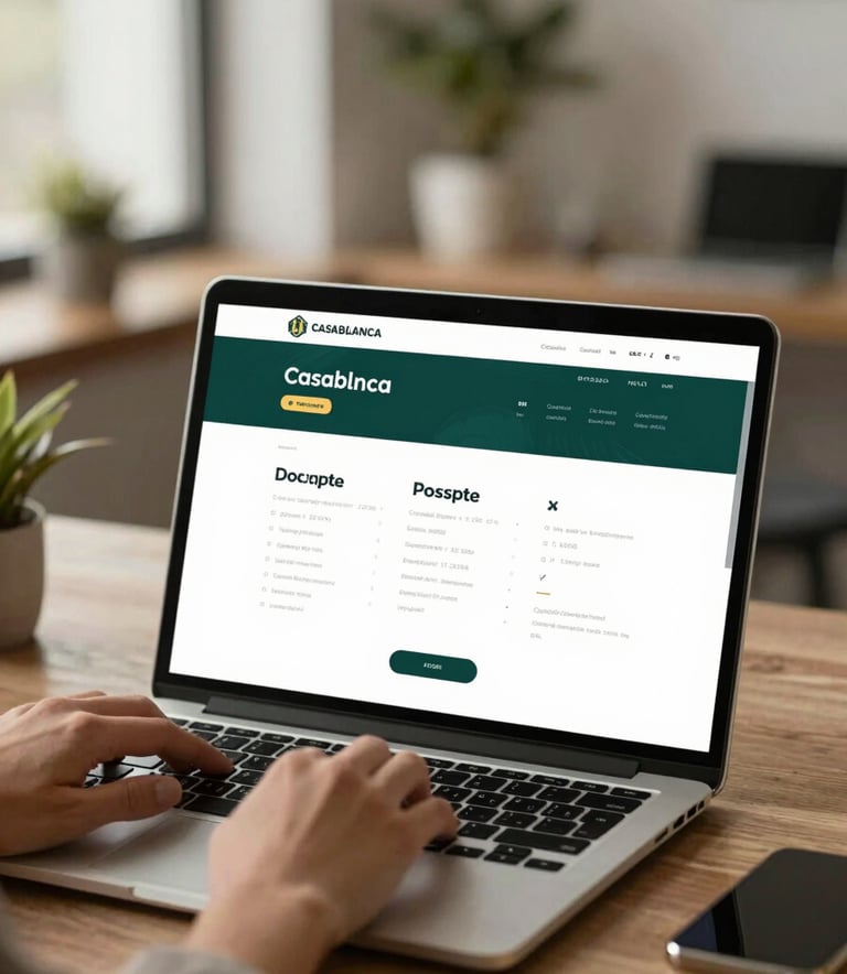 A professional web developer working on a high-end laptop in a modern Casablanca office. The screen shows a sophisticated website layout. The lighting is warm and natural, incorporating the brand colors #0F3D4D and #E9C46A in the office decor and interface.