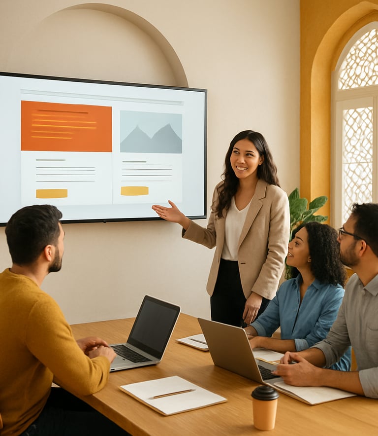 A dynamic shot of a creative team meeting in a modern Casablanca agency. A large monitor shows a web design in progress. The room features a blend of minimalist international style and Moroccan architectural details, with accents of #D27E3B and #E9C46A.