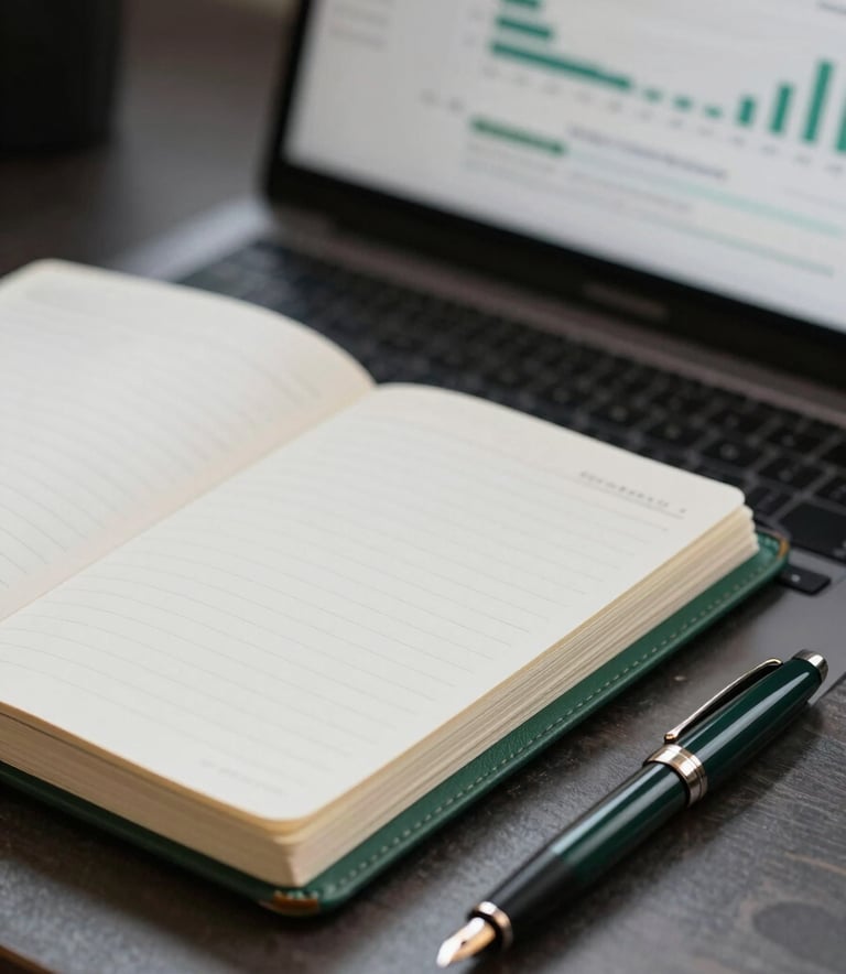 A close-up shot of a leather-bound planner and a sleek modern fountain pen on a polished dark desk. In the background, a blurred screen shows professional financial charts. The atmosphere is sophisticated and strategic, featuring the brand's dark green (#1D3534) and off-white (#F0F3F3) tones.