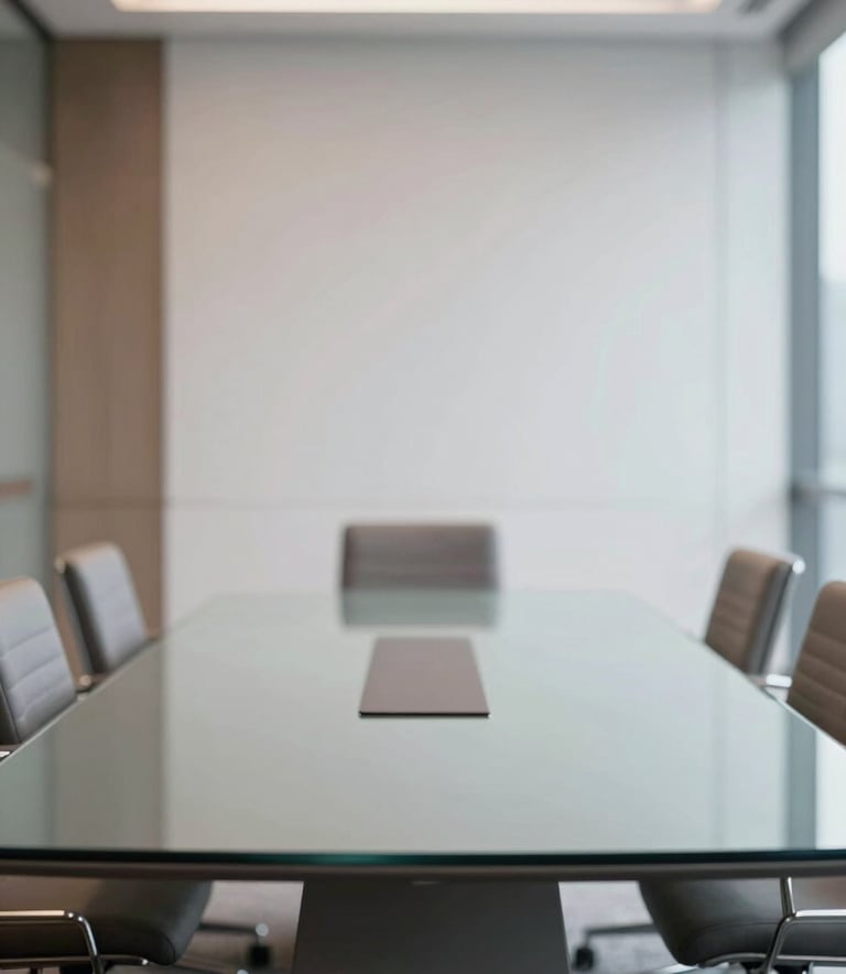 A high-end, modern meeting room with a clean glass table, featuring soft lighting and a professional atmosphere. Subtle accents of #1D3534 and #4A6D6B are integrated into the interior design.