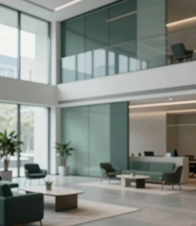 A sophisticated, high-end office lobby with minimalist furniture and glass walls. The lighting is bright and professional, utilizing the brand's palette with subtle sage accents (#A2B9B8) and deep charcoal-green shadows (#1D3534). No people, focus on architectural cleanliness and trust.