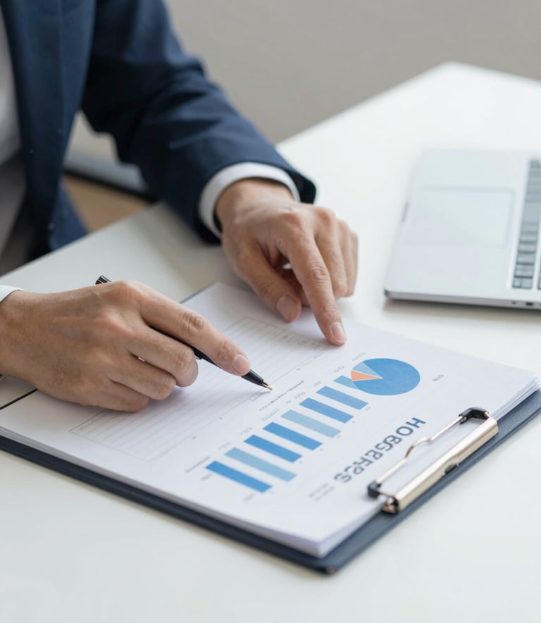 Professional hands reviewing a financial report on a minimalist desk. The scene is bright and clean, incorporating the brand's professional mood and #A2B9B8 color tones.