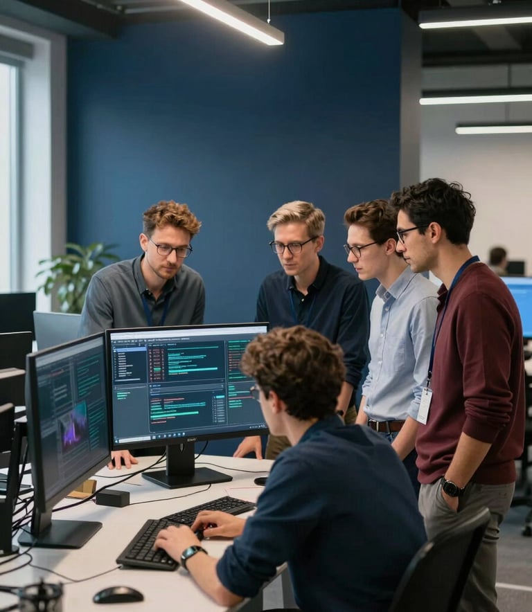 A team of software engineers collaborating in an open-plan office in Eastern Europe. They are gathered around a digital display, with steel blue and dark navy decor elements in a minimalist, modern setting.