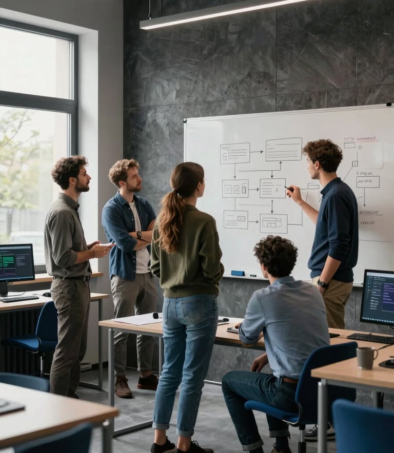 A group of professional software engineers in Eastern Europe collaborating in a sleek studio. They are looking at a whiteboard with app flow diagrams. The room is modern with dark slate gray accents and steel blue furniture. Natural light from large windows.
