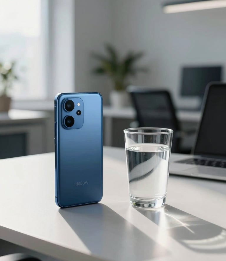A modern, sunlit office space in Kyiv, Ukraine, with a professional yet approachable vibe. A desk features a high-end Android smartphone next to a glass of water. The color palette includes steel blue and light blue accents. Professional photography, soft morning light.