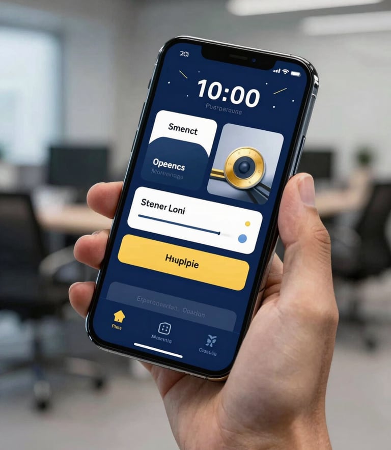 Close-up photography of a professional hand holding a sleek smartphone in a high-tech North American office. The screen displays a sophisticated mobile app interface with deep blue and golden yellow accents, in sharp focus.