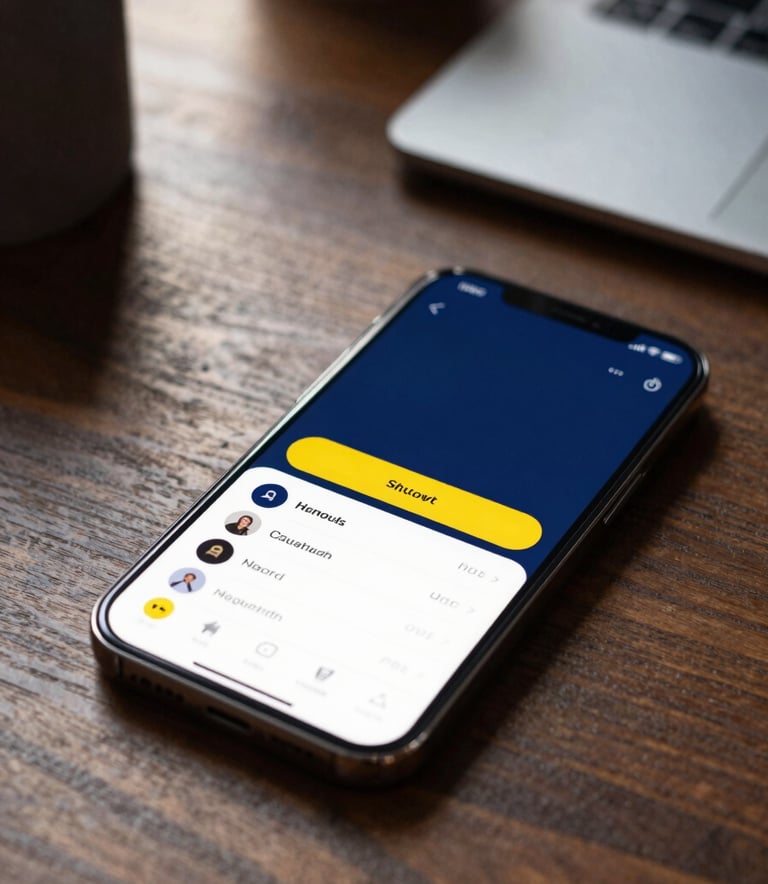 A close-up photograph of a sleek, premium smartphone resting on a dark wood desk in a sunlit North American office. The screen displays a sophisticated and clean mobile application interface with deep blue and yellow accents.